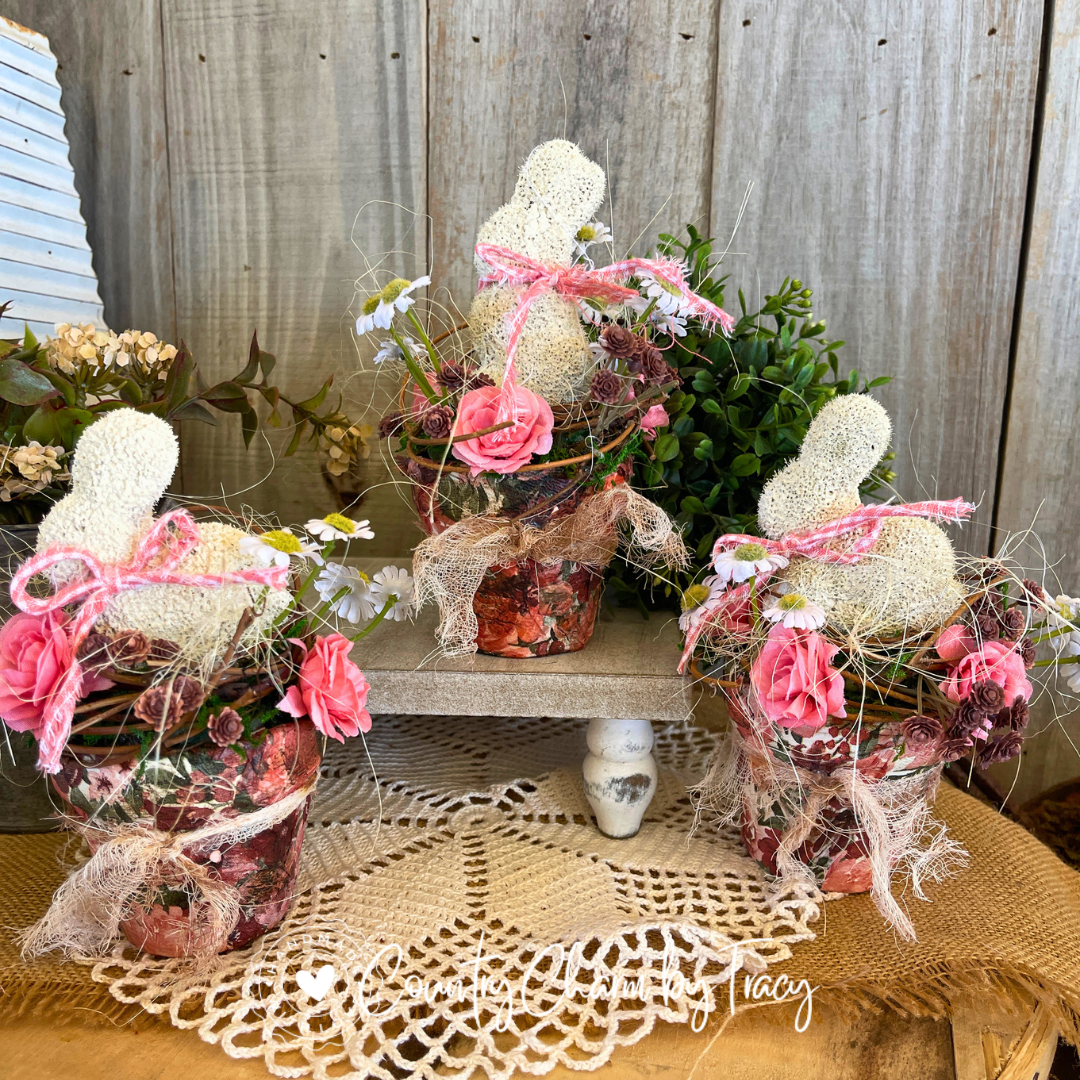 Cottage Rose Spring Bunny Pot Trio – Spring Vignette Set (Set of 3)