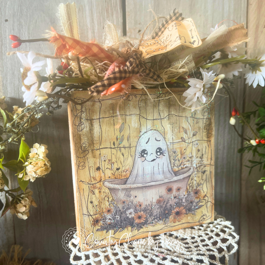Soak Up the Season Ghost 5x5 Wood Block Decor