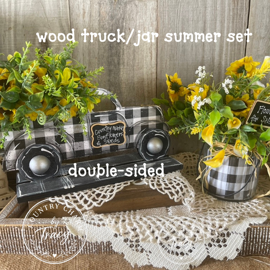 Buffalo Check Summer Truck and Jar Set - Double-Sided Wood Truck with Sunflower Floral Arrangement