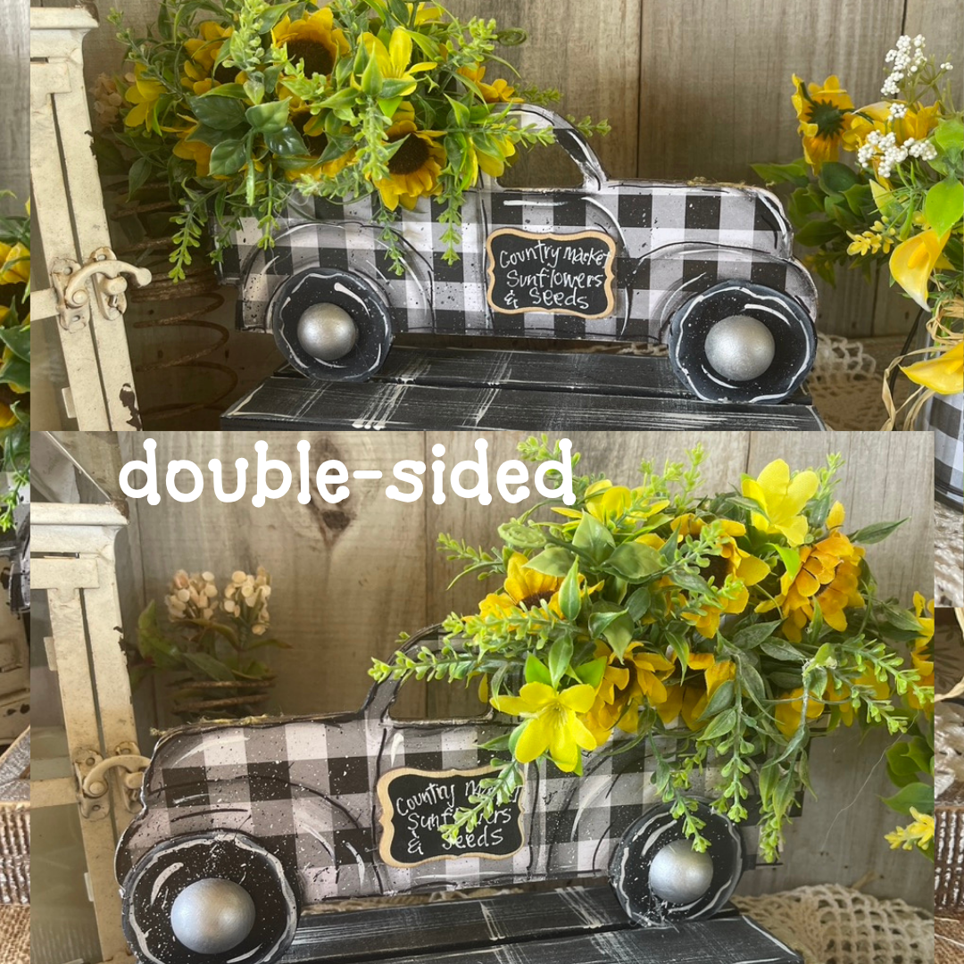 Buffalo Check Summer Truck and Jar Set - Double-Sided Wood Truck with Sunflower Floral Arrangement