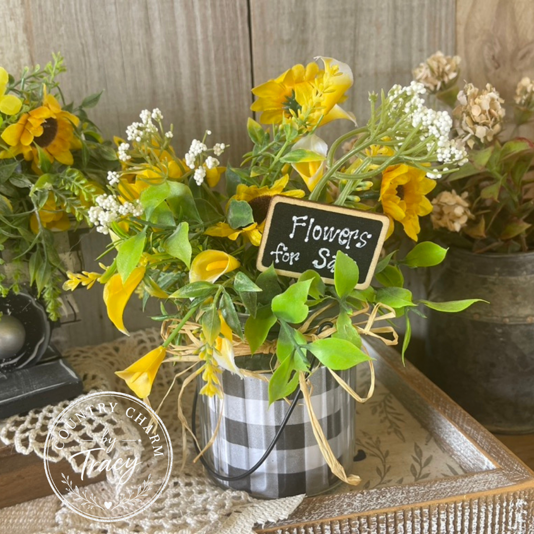 Buffalo Check Summer Truck and Jar Set - Double-Sided Wood Truck with Sunflower Floral Arrangement