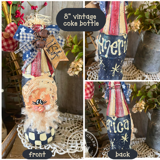 Uncle Sam Hand-Painted Vintage Coke Bottle - America- Primitive Americana Decor 8 Inch