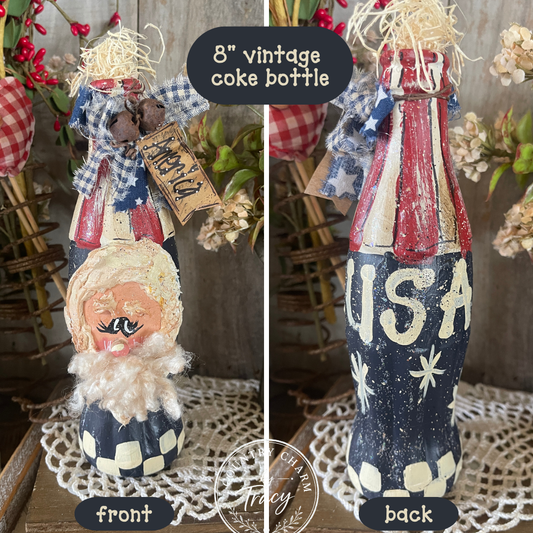 Uncle Sam Hand-Painted Vintage Coke Bottle - USA - Primitive Americana Decor 8 Inch