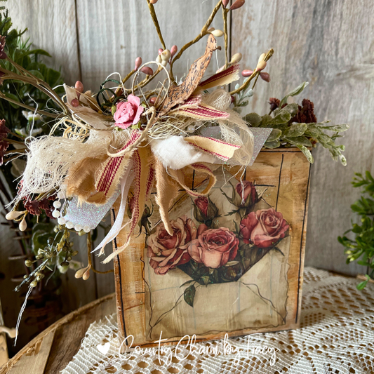 “Just a Little Love Note” Vintage Decor Block #2– Dusty Roses (5x5)