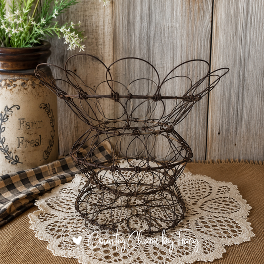 Vintage Wire Pedestal Egg Basket - Authentic Farmhouse Primitive Country Decor | Free Shipping in USA