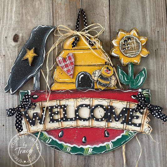 Sweet Summertime Welcome Wood Hanger - Handpainted Whimsical Country Decor