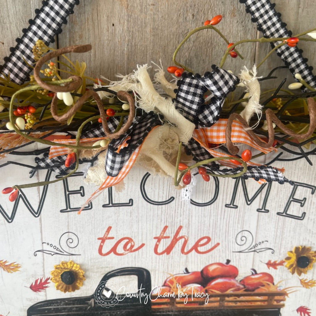 Welcome to our Pumpkin Patch Antique Black Truck Door Hanger