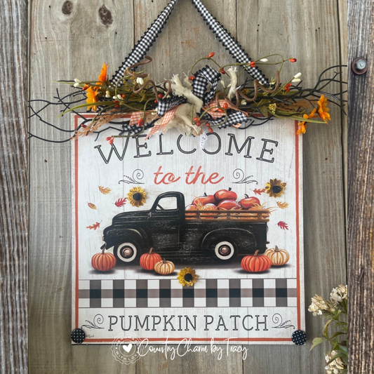 Welcome to our Pumpkin Patch Antique Black Truck Door Hanger