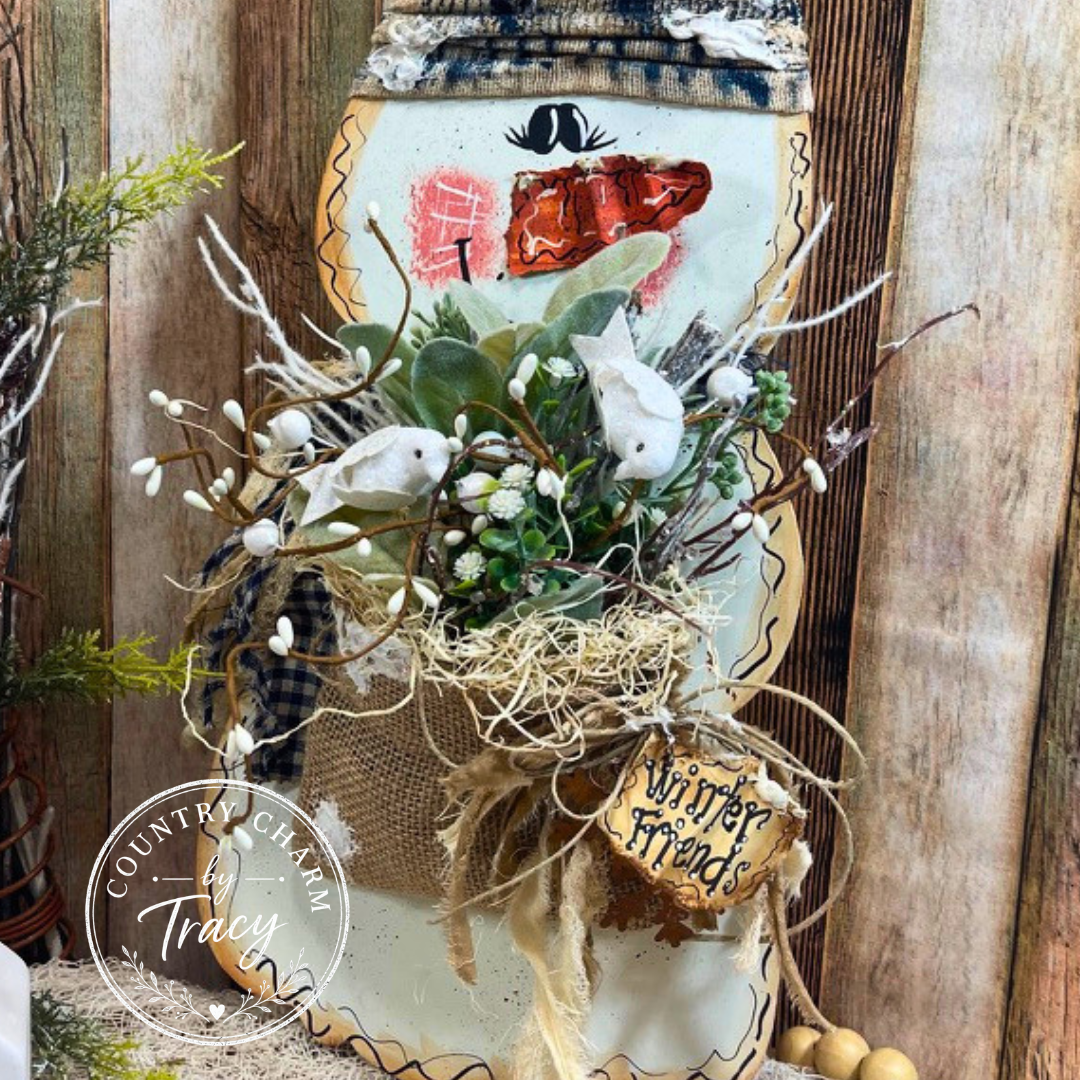 Winter Friends Snowman with Burlap Bag - Hand-Painted Primitive Shelf Sitter Leaner