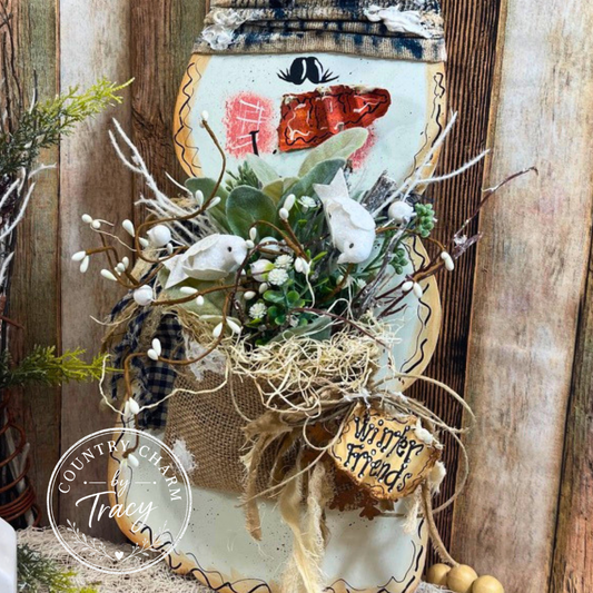 Winter Friends Snowman with Burlap Bag - Hand-Painted Primitive Shelf Sitter Leaner