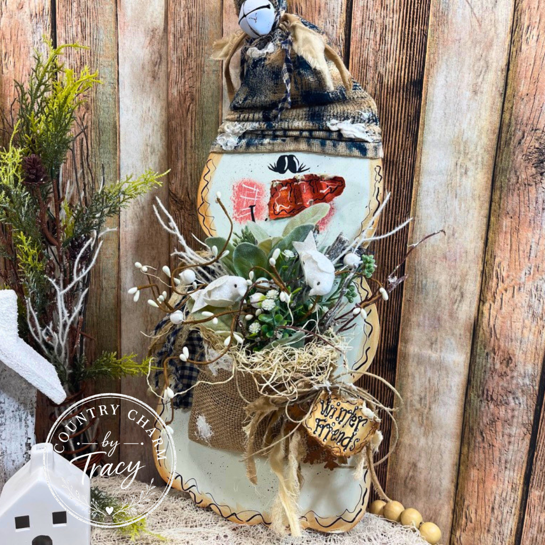 Winter Friends Snowman with Burlap Bag - Hand-Painted Primitive Shelf Sitter Leaner