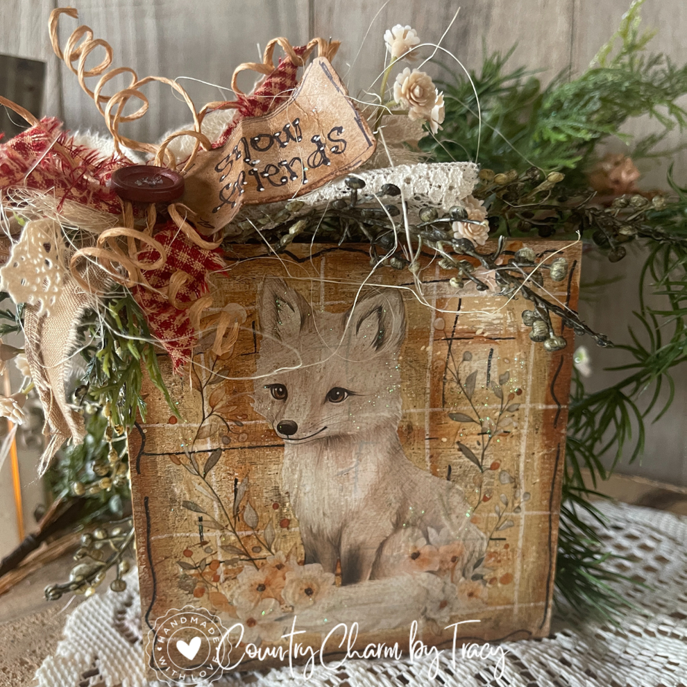 SNOW FRIENDS Rustic Fox Décor Block – 5x5 – Country Charm by Tracy