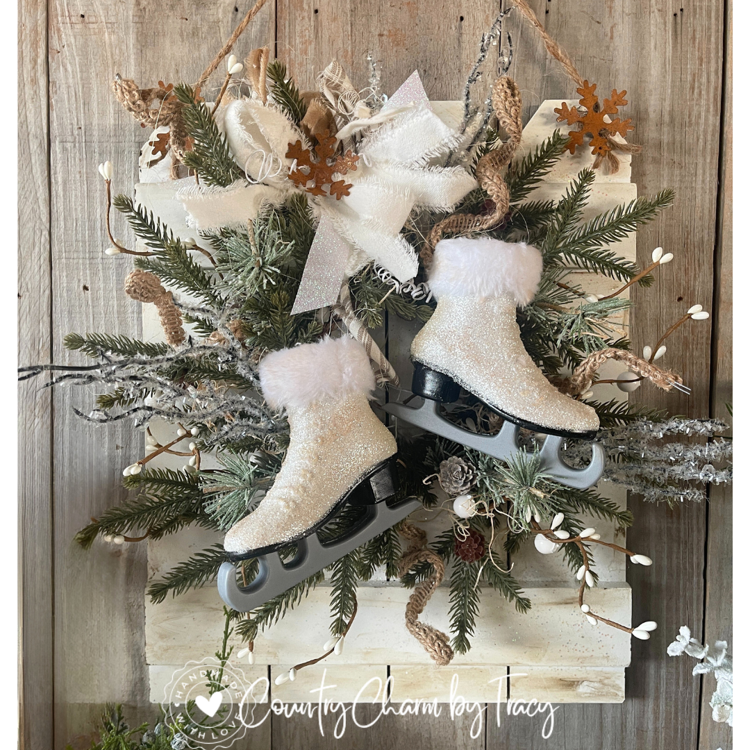 Rustic Winter Skates Door/Wall Decor – 12” x 15” White Fence